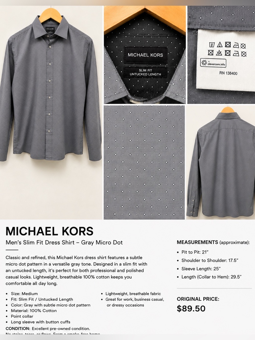 Michael Kors Men’s Slim Fit Untucked Gray Micro Dot Dress Shirt Medium